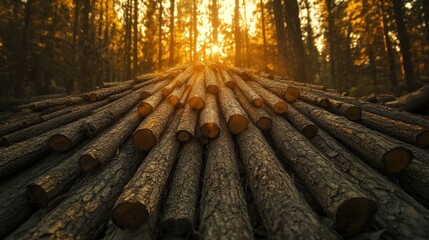 Stacked logs in a forest at sunset. Sunlight streams through trees illuminating a large pile of cut timber.