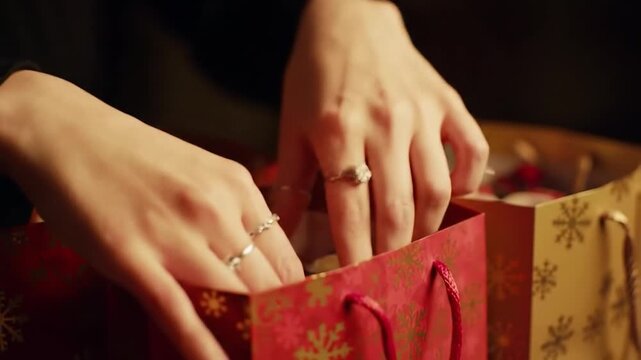 Hands putting a cube-shaped gift into red gift bag