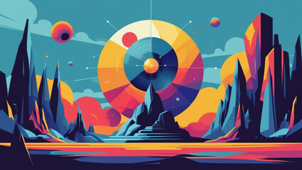  Fantasy Alien Planet Landscape with a Geometric Sun