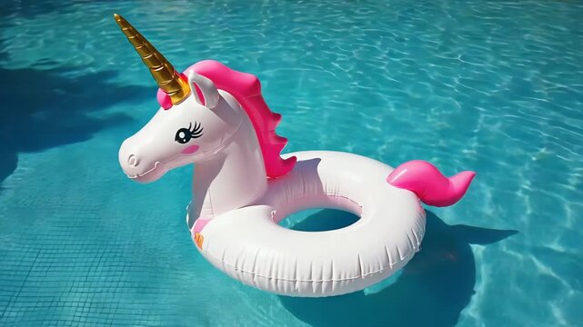 Unicorn float in sparkling blue pool on a sunny day