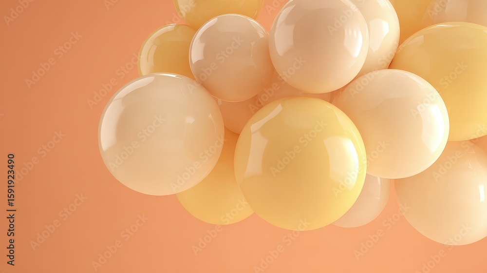 Poster glossy cream and yellow spheres clustered together against a soft peach background, creating a smoot