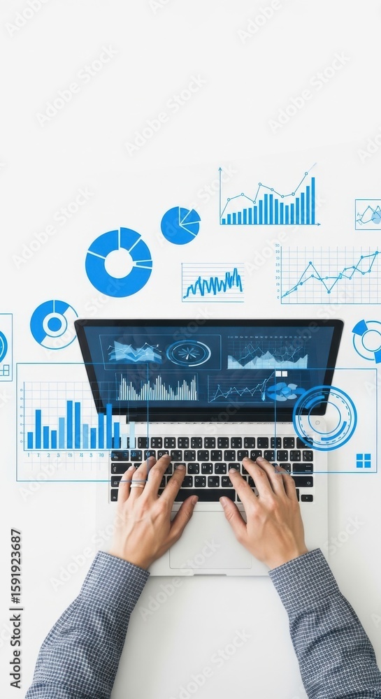 Aufkleber person typing on laptop displaying blue charts and graphs with data analysis visuals hands