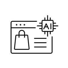 A vector icon of a storefront display with AI chip, symbolizing AI-driven product showcases, created in line style with editable stroke