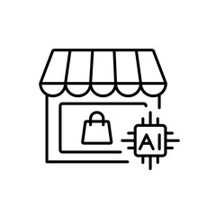A vector icon of a storefront display with AI chip, symbolizing AI-driven product showcases, created in line style with editable stroke