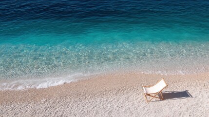 Obraz premium Aerial view of a tranquil beach with a single wooden lounge chair on pebbly sand, gentle waves lapping the shore, turquoise to deep blue water, serene atmosphere.
