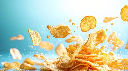 Flying corn flakes with milk splash on blue background for breakfast cereal promotion and healthy food advertising.