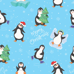 Winter Pattern with Playful Penguins and Snow on Blue Background