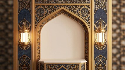 Ornate golden niche featuring Arabic script flanked by glowing lanterns against a patterned background