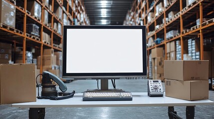 Warehouse storage and logistics area with blank monitor screen on table for inventory control and fulfillment system.