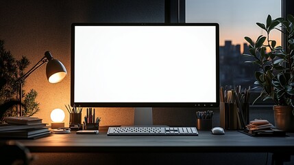 Modern home office workspace with large blank monitor screen and cozy ambient lighting for creative productivity setup.