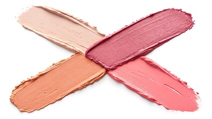 Fototapeta premium Four swatches of creamy makeup in shades of peach pink rose and nude arranged in an x shape on a white background