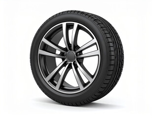 Obraz premium against a solid white backdrop, a single automobile wheel is the main focus. the wheel features a black tire with detailed tread patterns