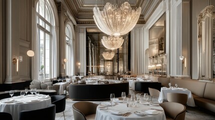 Luxurious, elegantly decorated restaurant interior with large windows, modern furniture and crystal chandeliers.