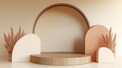 Abstract modern podium composition with geometric shapes and neutral tones for product presentation or interior design.