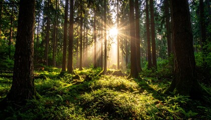 Sunlight streams through a dense forest