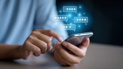 Customer providing feedback on a product or service using a smartphone with star ratings displayed digitally