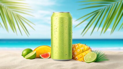 Condensation covered lime green can with tropical fruits