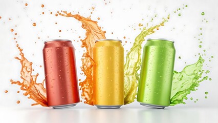 Metallic cans with colorful liquid splashes aluminum cans