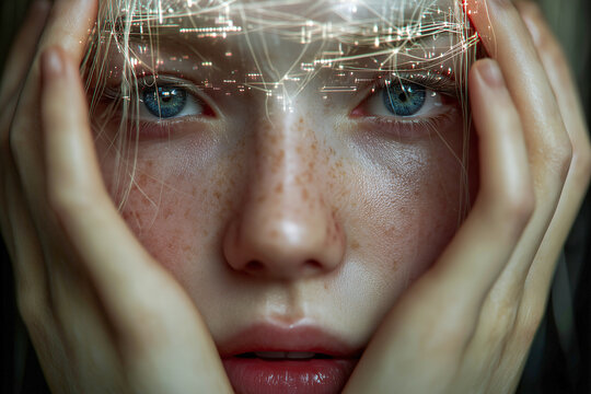 A captivating close-up of a human face with glowing digital networks overlaying the mind, symbolizing the profound connection between human consciousness and artificial intelligence, representing data - Powered by Adobe