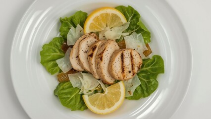 Top-down view of a gourmet Caesar salad on a white plate, with perfectly grilled chicken slices, crunchy romaine, cracked black pepper, and lemon wedges, styled for a high-end restaurant menu.