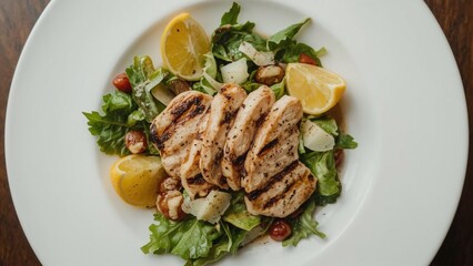 Top-down view of a gourmet Caesar salad on a white plate, with perfectly grilled chicken slices, crunchy romaine, cracked black pepper, and lemon wedges, styled for a high-end restaurant menu.