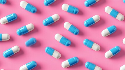 Scattered blue and white capsules on vibrant pink background for pharmaceutical, supplement, or health concept.