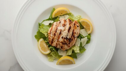 Top-down view of a gourmet Caesar salad on a white plate, with perfectly grilled chicken slices, crunchy romaine, cracked black pepper, and lemon wedges, styled for a high-end restaurant menu.