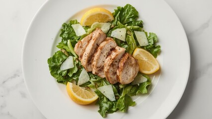 Top-down view of a gourmet Caesar salad on a white plate, with perfectly grilled chicken slices, crunchy romaine, cracked black pepper, and lemon wedges, styled for a high-end restaurant menu.