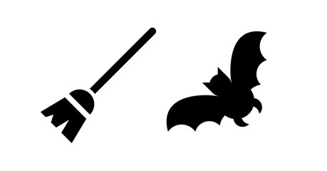 Spooky Halloween icons:  Simple black silhouette broom and bat graphic design elements.