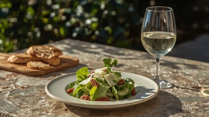 A delicious Caesar salad being served outdoors on a sunny terrace, with natural light highlighting the textures of the lettuce, anchovies, and Parmesan, next to a chilled glass of white wine.