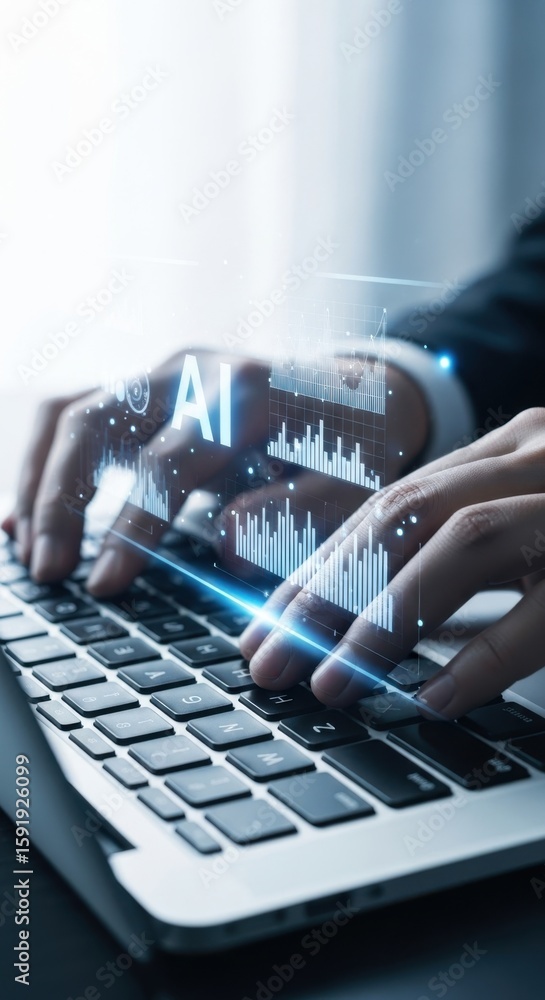 Aufkleber person typing on laptop with a i and data analysis graphics overlay artificial intelligence technolo