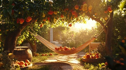 Sunlit orchard hammock filled with ripe fruit.