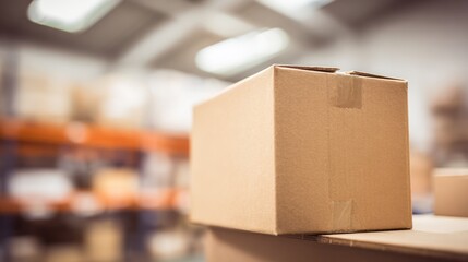 Sealed cardboard box placed on a warehouse shelf, representing simplicity and industrial functionality.