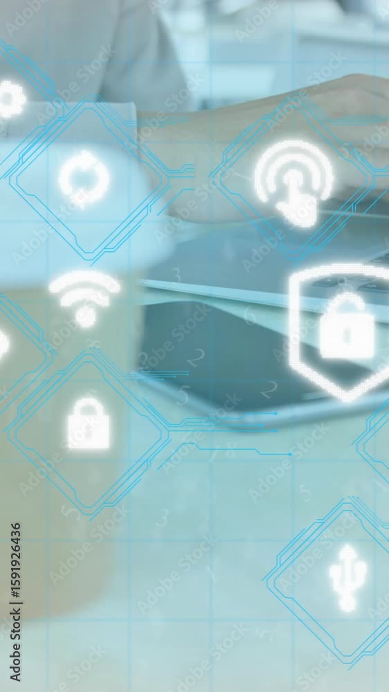 Poster animation of computer application icons over midsection of man working on laptop