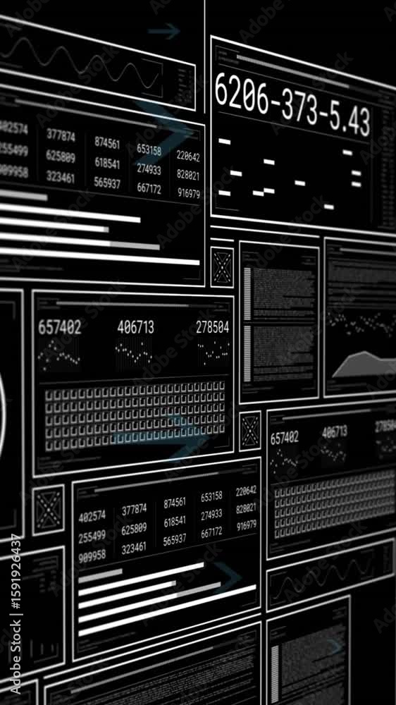 Aufkleber animation of changing numbers, loading bars, circles and graphs over arrows against black background