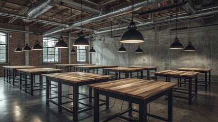 Industrial style team workspace with steel framed workbenches, hanging task lighting, and concrete flooring in renovated warehouse office