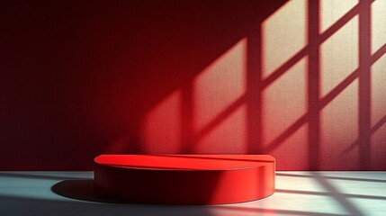 Minimal red podium under natural window light on clean background for branding or product mockup.