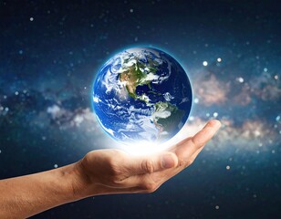 Earth held in a hand against a starry backdrop