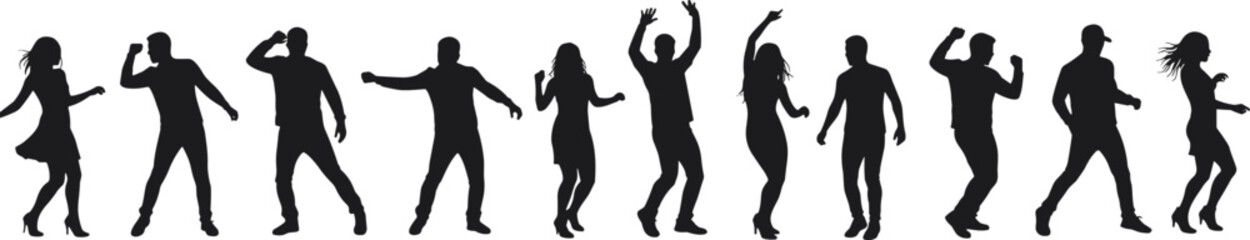 Dynamic Party People Silhouettes: Energetic Crowd Dancing and Celebrating, Ideal for Events, Nightlife, Music, and Festive Entertainment Concepts.