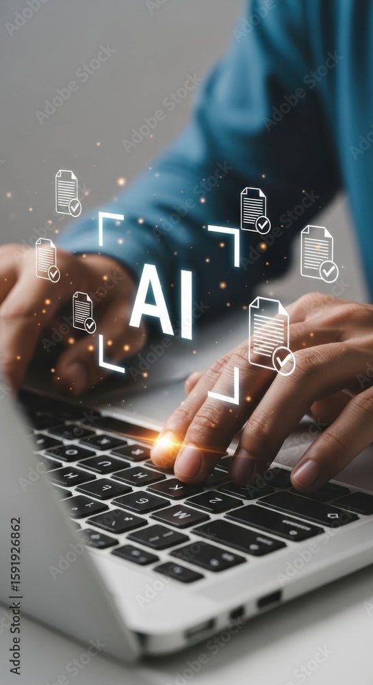 Aufkleber person typing on laptop with a i and document icons floating above artificial intelligence technolog