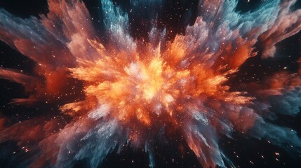 Abstract fiery explosion with blue and orange hues in dark space.