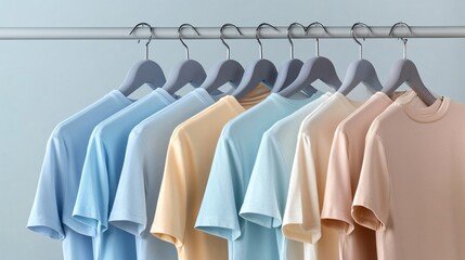 Pastel t-shirts hanging on rack against light background for fashion retail, apparel branding, or store display.