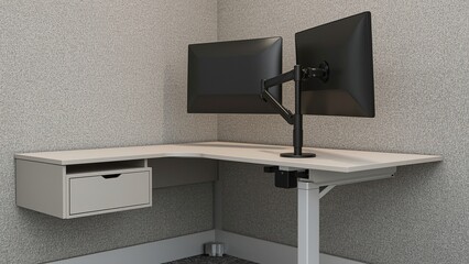 L shaped workstation with floating drawer unit, dual screen arm mount, and footrest rail set against textured acoustic wall panel