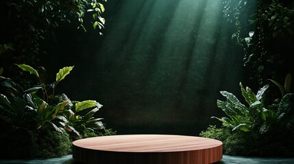 Wooden round podium in lush green forest background with spotlight for natural product presentation.