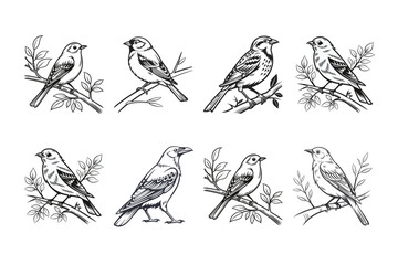 Obraz premium Vintage Line Art Birds Set – Hand Drawn Black and White Bird Illustrations on Branches – Vector Sketch Style Wildlife Drawing for Nature, Ornithology, or Tattoo Design