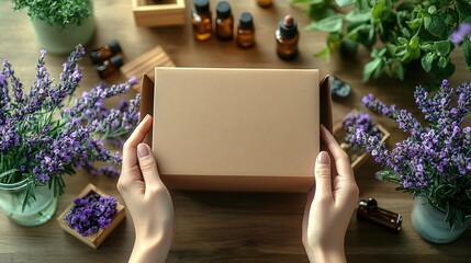 Hands holding blank kraft paper box on table surrounded by lavender flowers for organic product packaging.