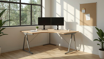 Corner sit stand workstation with vertical monitor setup and bamboo surface in daylight filled eco friendly office space