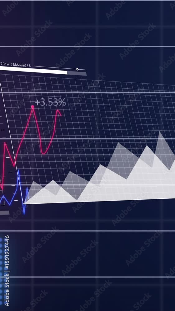 Poster animation of statistical market data processing over grid network against blue background