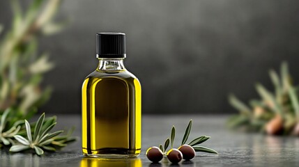 Glass bottle of olive oil with fresh olives and leaves on wooden surface for organic food or product branding.