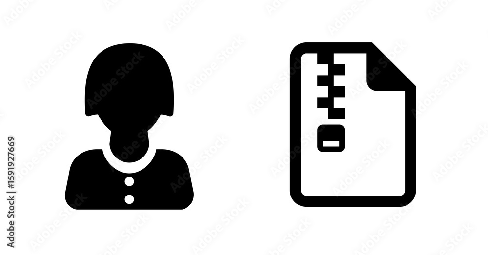 Poster simple black icon: female user profile and zipped file data security concept